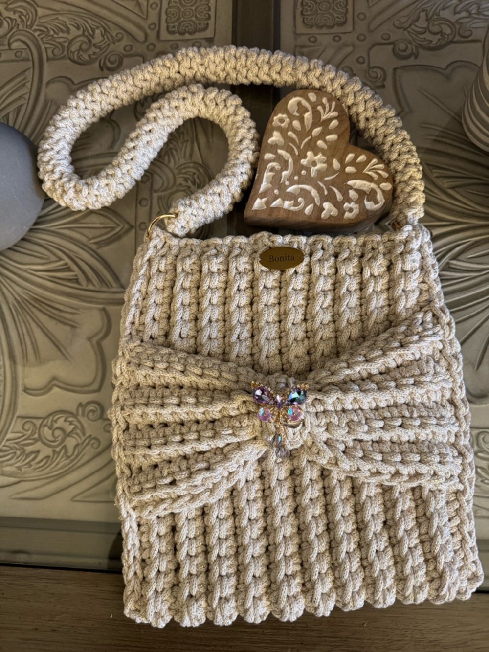 Bonita Bolso Cream Crochet Shoulder Bag with Crystal Accent